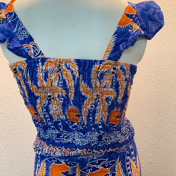 Cute shirred rayon top and groovy wrap pants set blue orange white one size - Picture 9 of 10